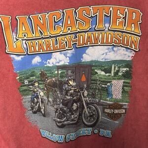 Harley-Davidson Willow Street, Lancaster PA Graphic Tee Size L Amish V Neck Red